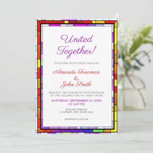 Elegante farbenfrohe Glass-Hochzeit Einladung (Stehend Vorderseite)