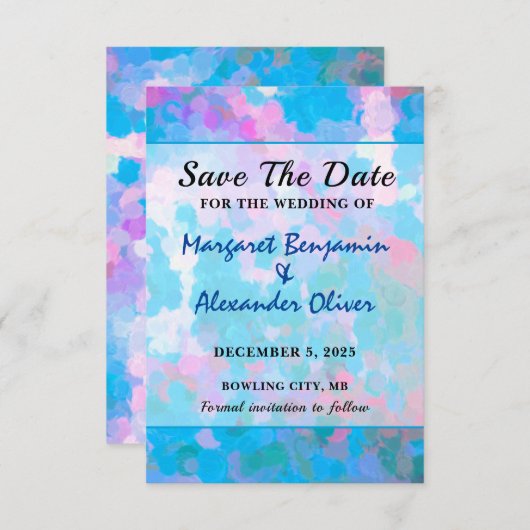 Elegante farbenfrohe Hochzeit mit blauem Rosa Save The Date (Vorne/Hinten)