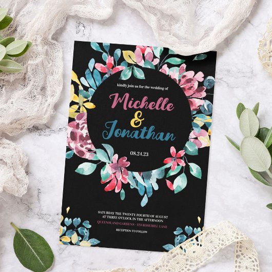 Elegante, farbenfrohe Hochzeit mit Blumen Einladung