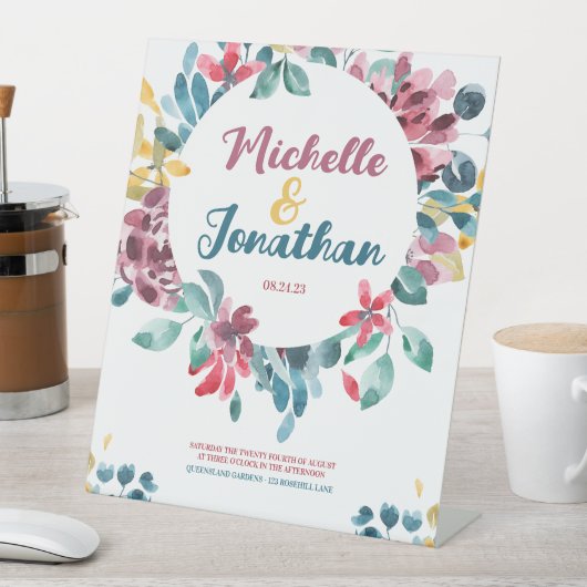 Elegante farbenfrohe Hochzeit mit Blumen Sockelschild (In Situ)