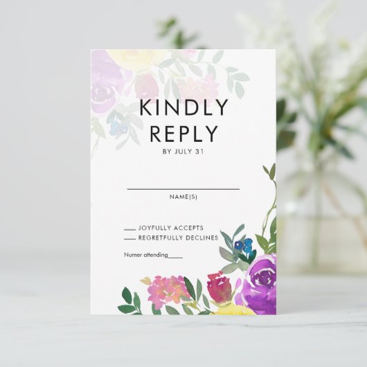 Elegante, farbenfrohe Hochzeit mit floralem Wasser RSVP Karte (Stehend Vorderseite)