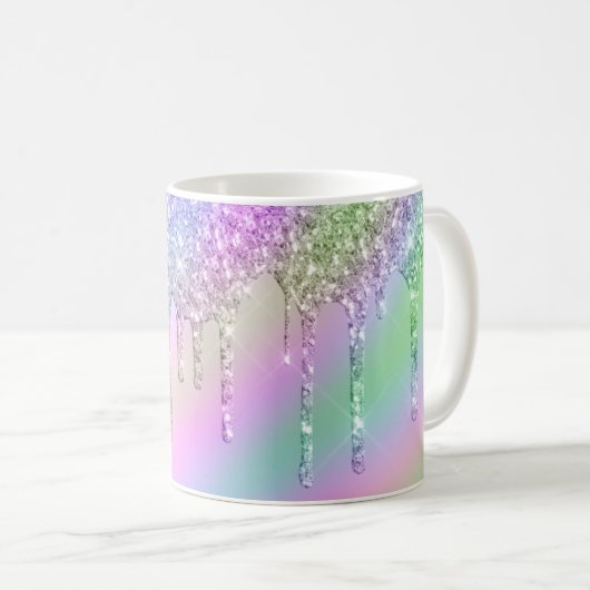 Elegante, farbenfrohe, holografische Glitzer-Tropf Kaffeetasse (VorderseiteRechts)