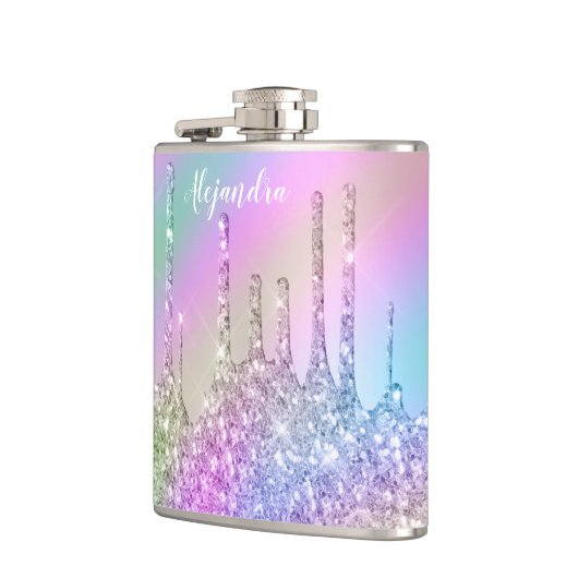 Elegante, farbenfrohe holografische Glitzer-Tropfe Flachmann (Links)