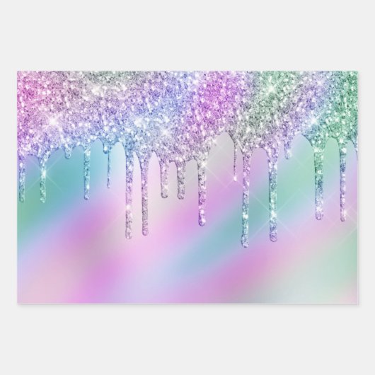 Elegante, farbenfrohe holografische Glitzer-Tropfe Geschenkpapier Set (Vorderseite 3)
