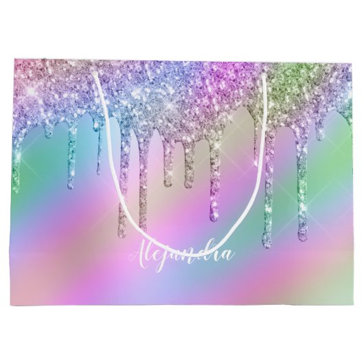 Elegante, farbenfrohe holografische Glitzer-Tropfe Große Geschenktüte (Rückseite)