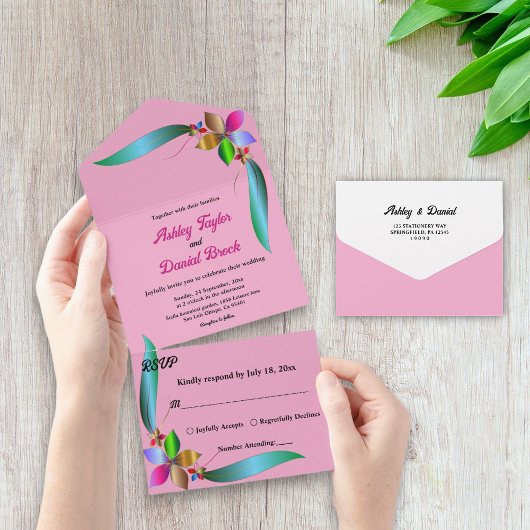 Elegante farbenfrohe Rose Imitate Olivenweg All In One Einladung