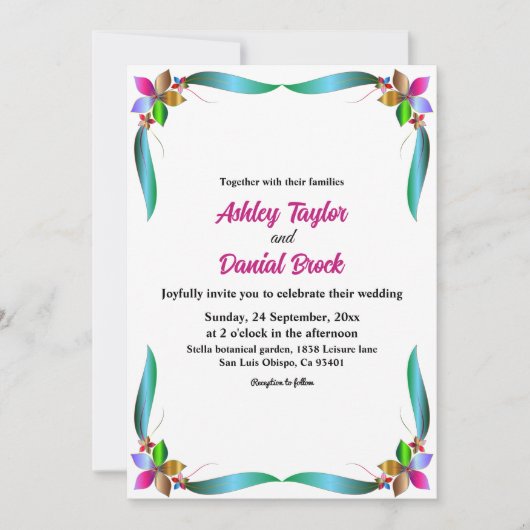 Elegante farbenfrohe Rose Shiny Moderne Blumenhoch Einladung (Vorderseite)