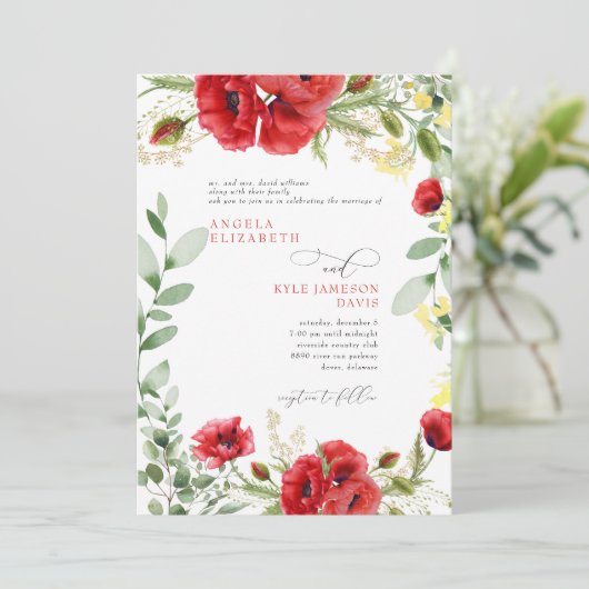 Elegante farbenfrohe Rote Poppies Hochzeit Einladung (Stehend Vorderseite)