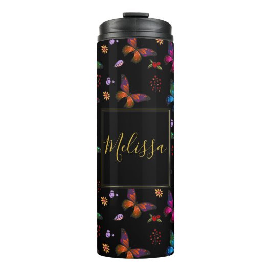 Elegante farbenfrohe Schmetterlinge auf der schwar Thermosbecher (Vorderseite)