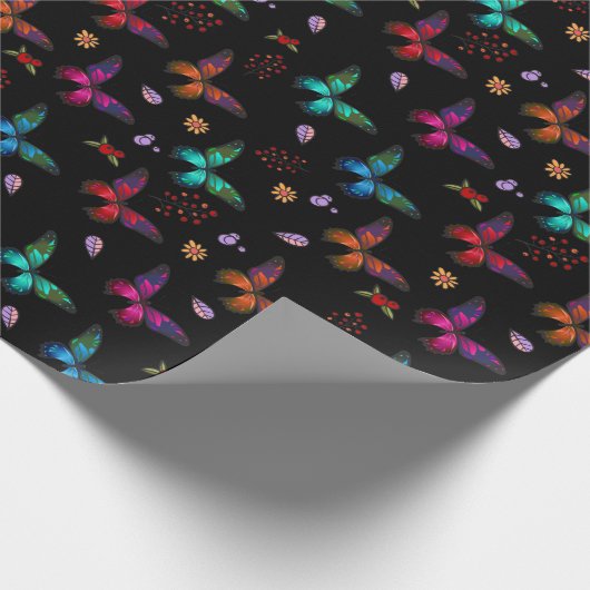 Elegante farbenfrohe Schmetterlinge auf schwarz Geschenkpapier (Ecke)