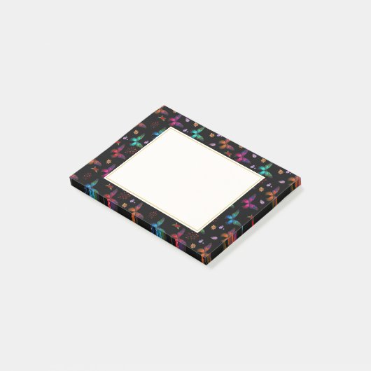 Elegante farbenfrohe Schmetterlinge auf schwarz Post-it Klebezettel (angewinkelt)