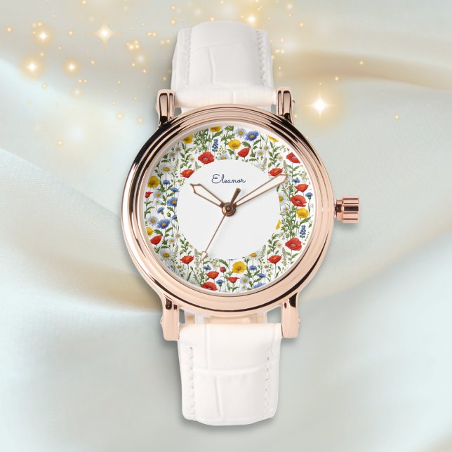 Elegante farbenfrohe Sommer-Wildblumen Blumenstrau Armbanduhr (A beautiful wristwatch patterned with a colorful wildflowers design, personalized with a name)