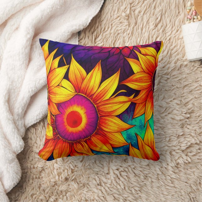 Elegante Farbenfrohe Sonnenblumen Blume Power | Kissen (Decke)