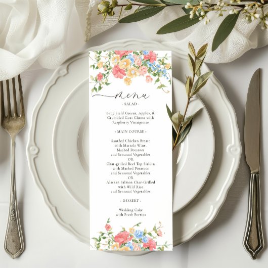 Elegante farbenfrohe Wildblume Hochzeit Menükarte