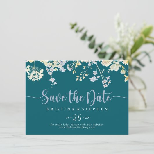 Elegante farbenfrohe Wildblume Horizontal Hochzeit Save The Date (Stehend Vorderseite)