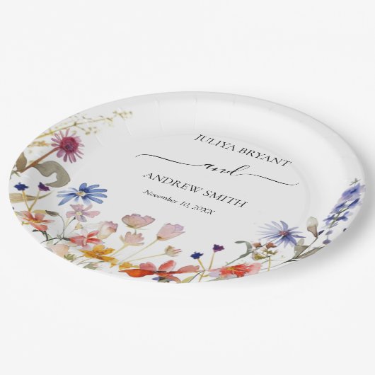 Elegante, farbenfrohe Wildblume Pappteller (Schrägansicht)