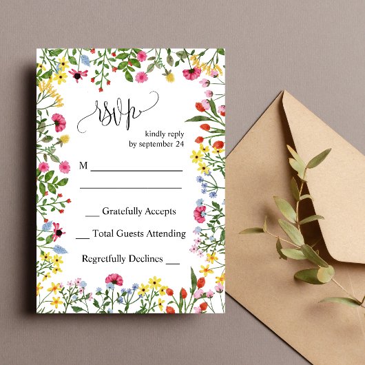 Elegante farbenfrohe Wildblume Wedding RSVP Card Einladung