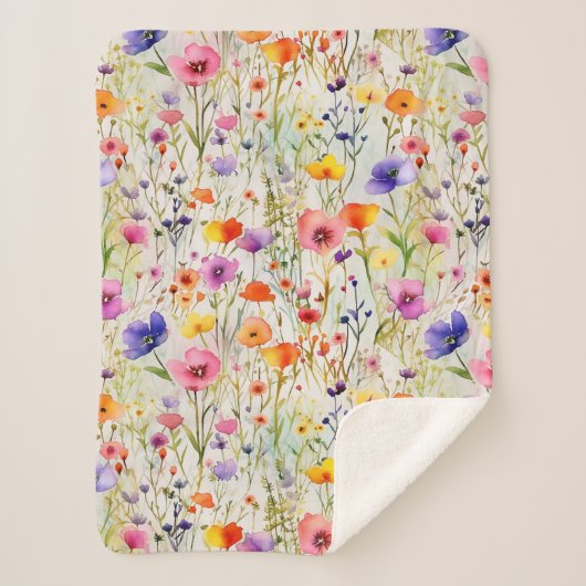 Elegante farbenfrohe Wildblumen Aquarell Sherpadecke (Vorderseite)