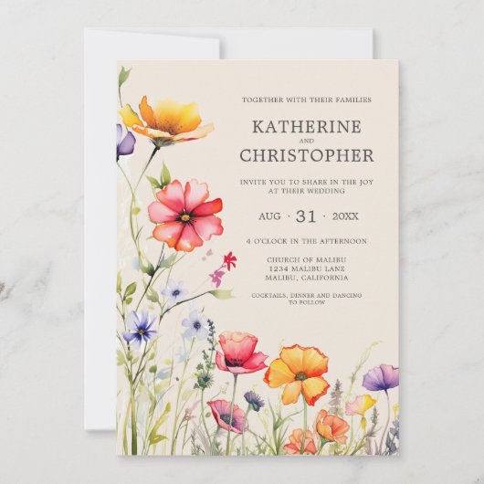 Elegante farbenfrohe Wildblumen Beige Hochzeit Einladung (Vorderseite)