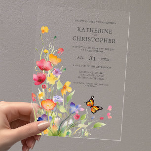 Elegante farbenfrohe Wildblumen Butterfly Wedding Acryleinladungen