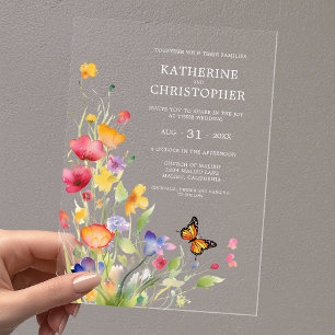 Elegante farbenfrohe Wildblumen Butterfly Wedding Acryleinladungen