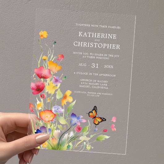 Elegante farbenfrohe Wildblumen Butterfly Wedding Acryleinladungen