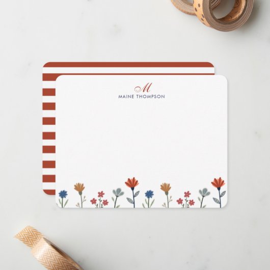 Elegante farbige Blume Script Monogram Stripes Mitteilungskarte (Vorderseite/Rückseite Beispiel)