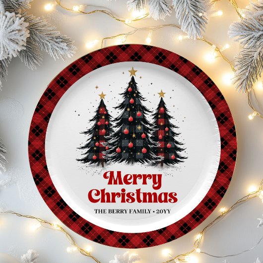 Elegante Farmhouse-Karo-Weihnachtsbaum-Papiertelle Pappteller
