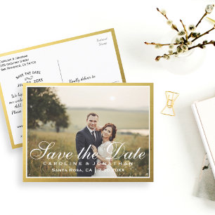 Elegante Faux-Gold-Script-Hochzeitseinladung mit F Ankündigungspostkarte