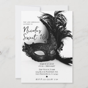 Elegante Feder-Maskerade Schwarz & Weiß Sweet 16 Einladung