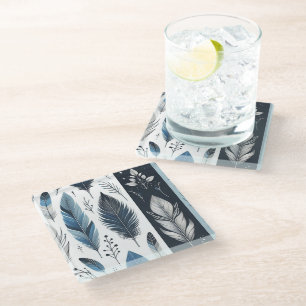 Elegante Federsymphonie in Blau und Silber Glasuntersetzer