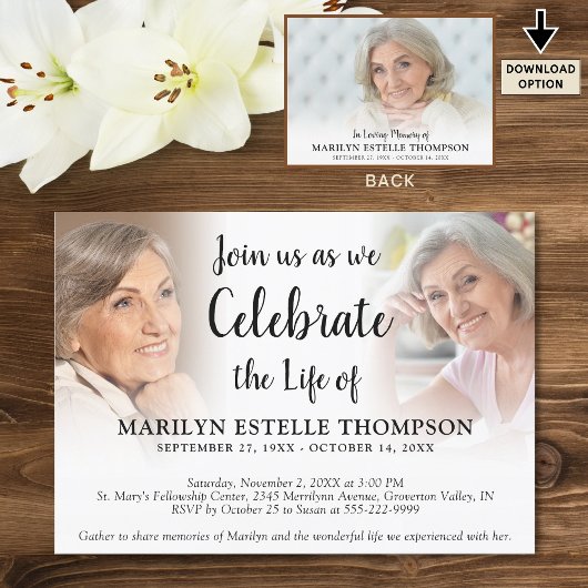 Elegante Feier des Lebens 3 Fotos Gedenkveranstalt Einladung