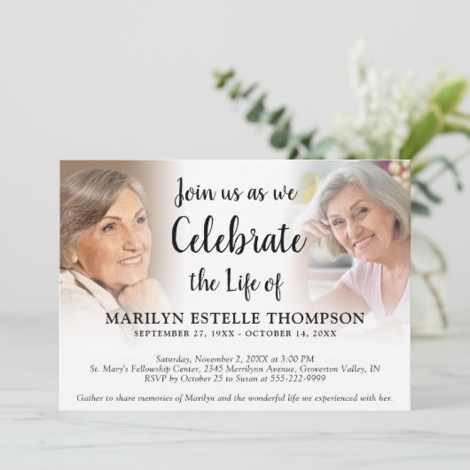 Elegante Feier des Lebens 3 Fotos Gedenkveranstalt Einladung (Stehend Vorderseite)