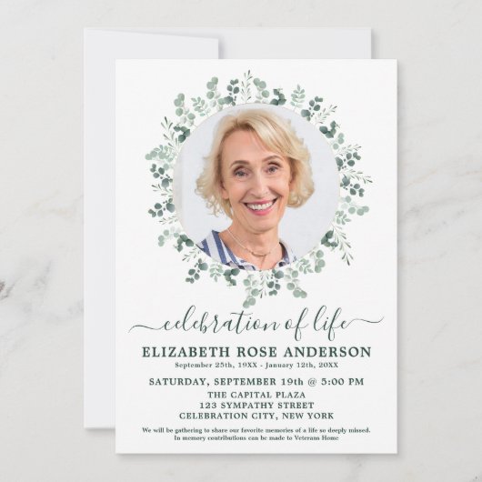 Elegante Feier des Lebens Eukalyptus-Foto Einladung (Vorderseite)