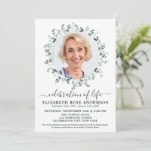 Elegante Feier des Lebens Eukalyptus-Foto Einladung (Stehend Vorderseite)