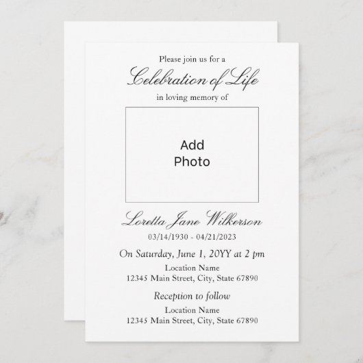 Elegante Feier des Lebens Foto hinzufügen Einladung (Vorne/Hinten)