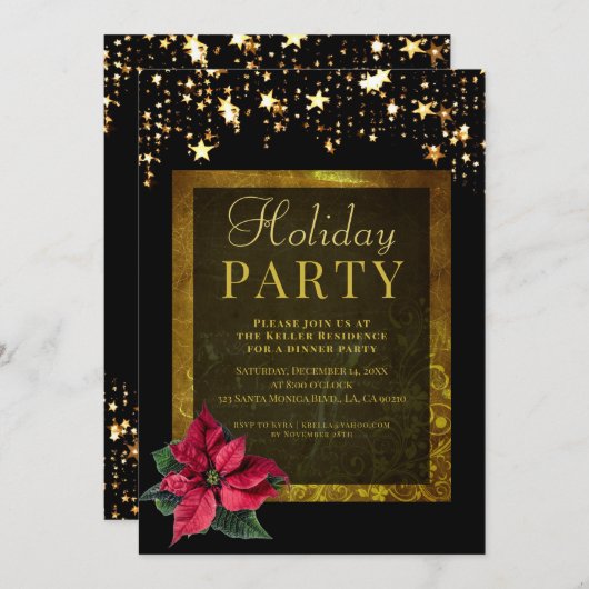 Elegante Feier Schwarz und Gold Einladung (Vorne/Hinten)