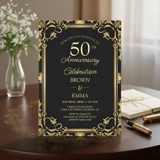 Elegante Feier zum 50. Jubiläum in Schwarz und Gol Einladung