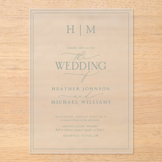 Elegante feierliche Hochzeit mit grüner Kalligrafi Acryleinladungen (Vorderseite)