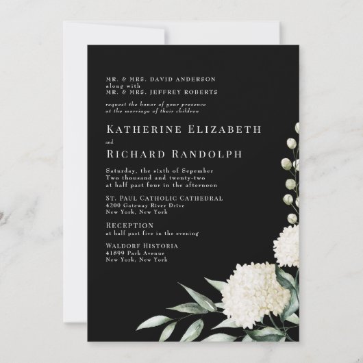 Elegante feierliche Schwarz-Weiß-Blütenhochzeit Einladung (Vorderseite)