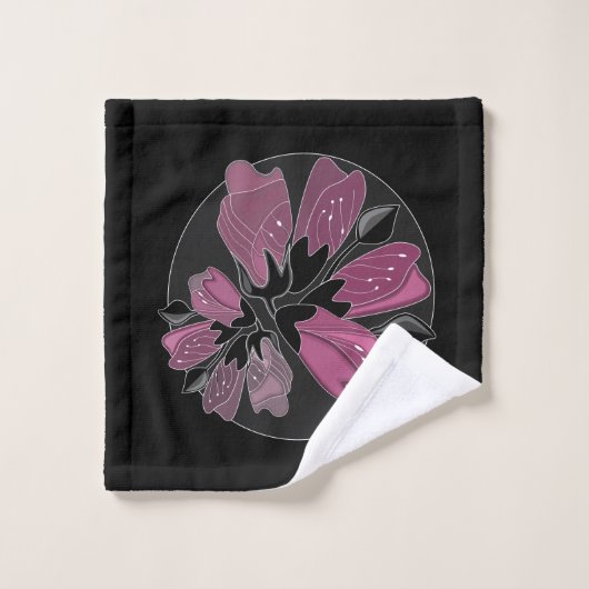 Elegante Feminine Black and Dusty Pink Floral Prin Badhandtuch Set (Waschlappen)