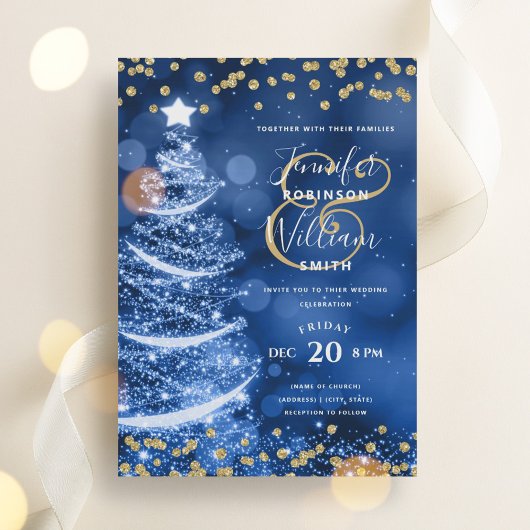 Elegante Festive Gold Blue Wedding Xmas Tree Einladung