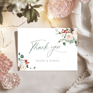 Elegante festliche florale Winterhochzeit  Dankeskarte