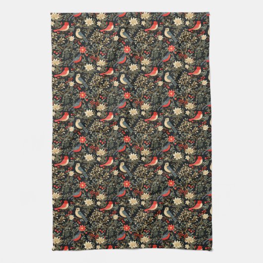 Elegante festliche Vögel & florale Weihnachten Rot Geschirrtuch (Vertikal)