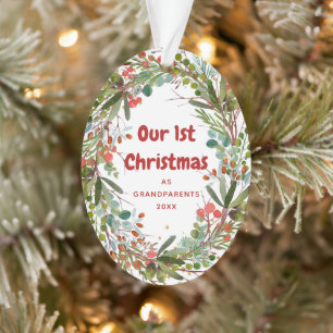 Elegante First Christmas Watercolor Wreath  Ornament
