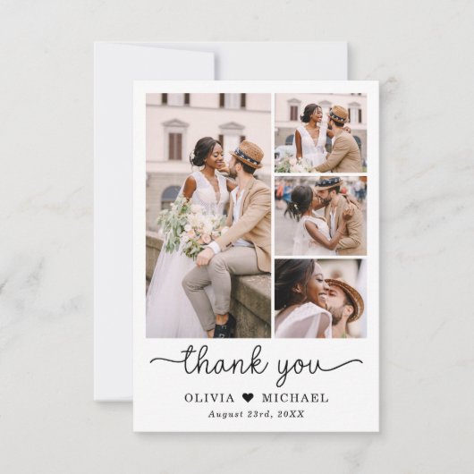 Elegante Five Foto Collage Script Hochzeit Dankeskarte (Vorderseite)