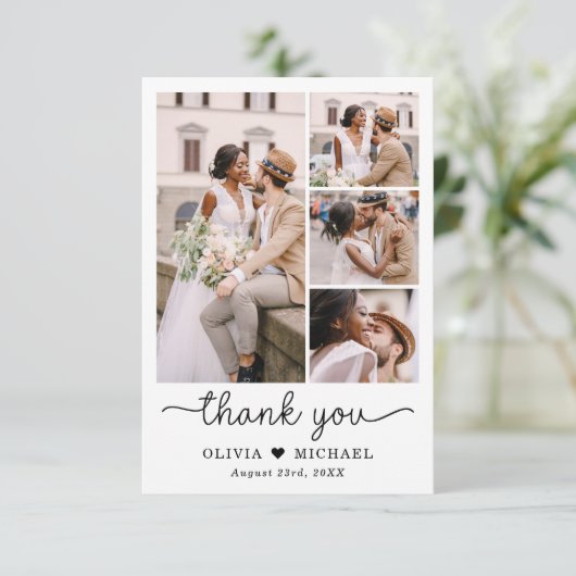 Elegante Five Foto Collage Script Hochzeit Dankeskarte (Stehend Vorderseite)