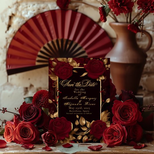 Elegante Flamenco-Script-Rote Rose Save The Date