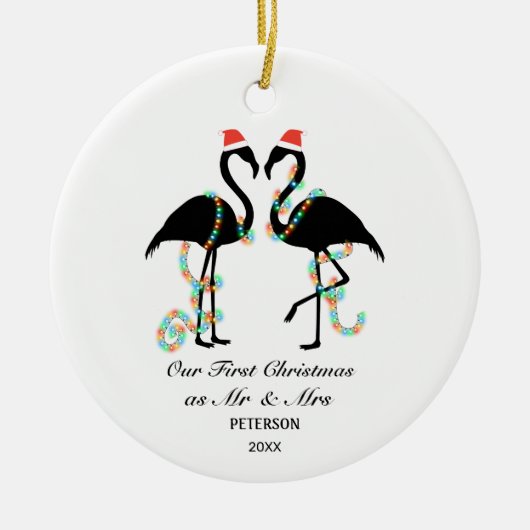Elegante Flamingo Erstes Verheiratetes Foto Keramik Ornament (Vorne)