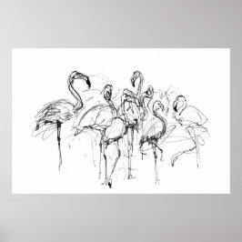Elegante Flamingo Flock Sketch - Premium Poster